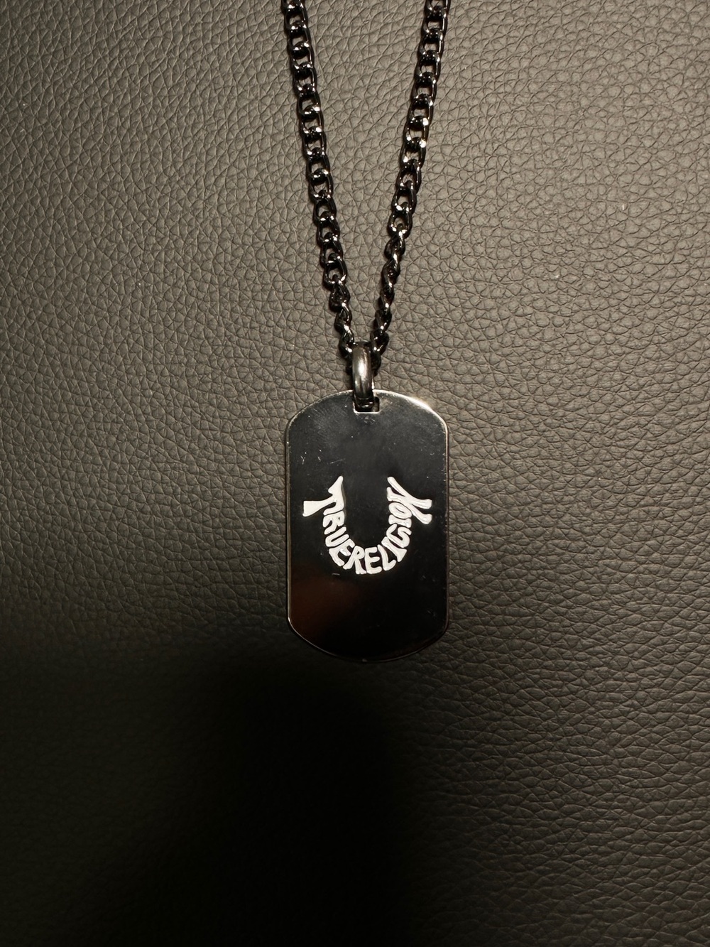 True Religion Black Dog Tag Necklace with White Logo